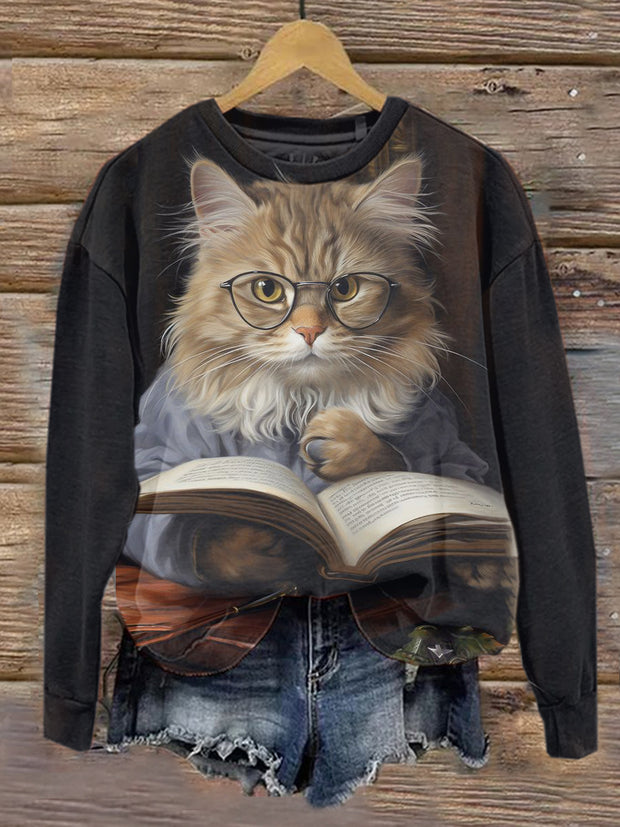 Unisex Cute Cat Art Illustration Printed Casual Sweatshirt