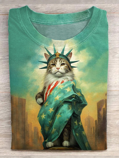 Unisex 4th of July Independence Day Cat Print Casual Short Sleeve T-Shirt