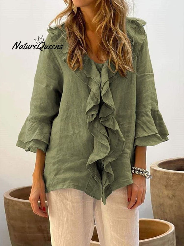 Women's Ruffles Casual Cotton And Linen 3/4 Sleeves Shirt