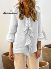 Women's Ruffles Casual Cotton And Linen 3/4 Sleeves Shirt