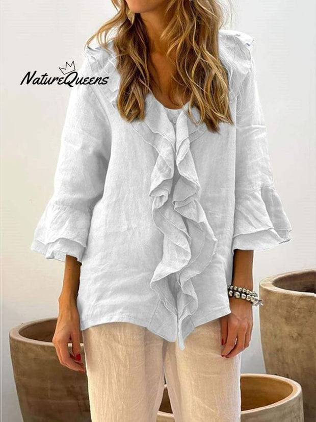 Women's Ruffles Casual Cotton And Linen 3/4 Sleeves Shirt