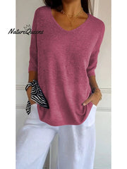 Women's Solid Color Knitted 3/4 Sleeve V-neck Top