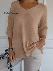 Women's Solid Color Knitted 3/4 Sleeve V-neck Top