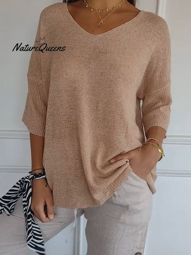 Women's Solid Color Knitted 3/4 Sleeve V-neck Top