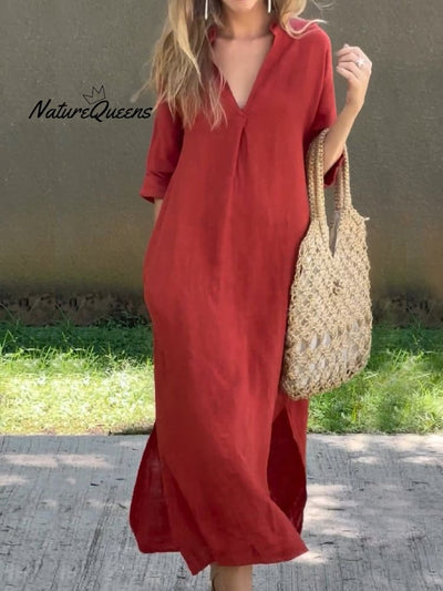 Women's Solid Color V-Neck Linen Pocket Dress