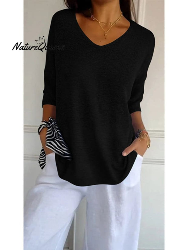 Women's Solid Color Knitted 3/4 Sleeve V-neck Top