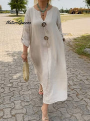 Women's V-Neck Button Detail Imported Cotton Linen Pocket Dress