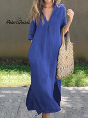 Women's Solid Color V-Neck Linen Pocket Dress