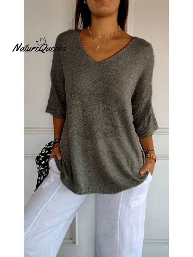 Women's Solid Color Knitted 3/4 Sleeve V-neck Top