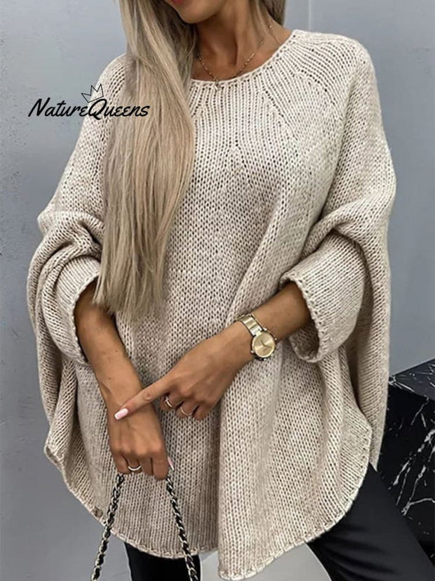 Women's Solid Color Batwing Sleeve Round Neck Knit Sweater