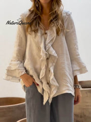 Women's Ruffles Casual Cotton And Linen 3/4 Sleeves Shirt