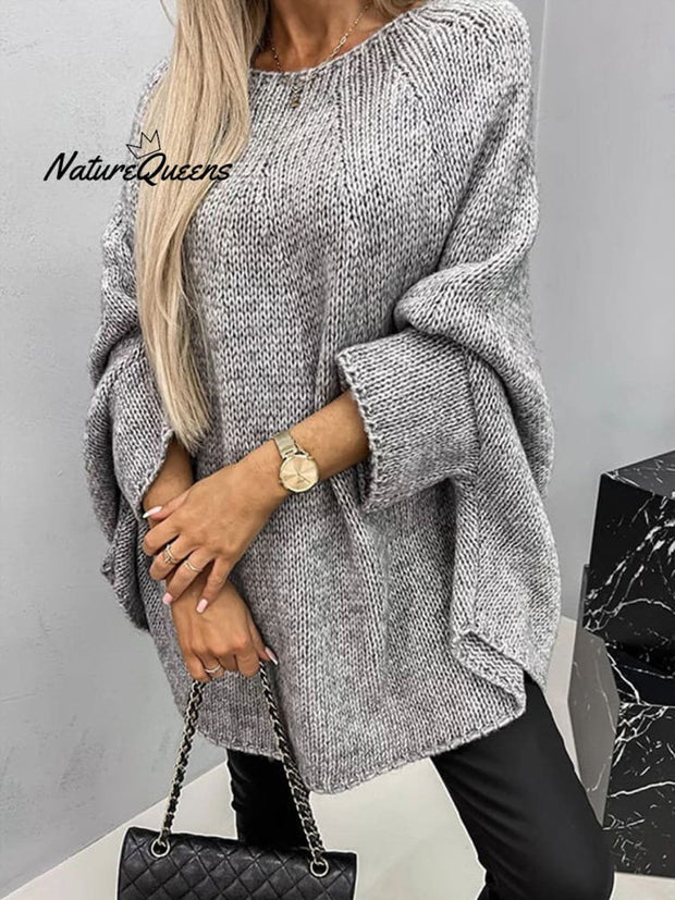 Women's Solid Color Batwing Sleeve Round Neck Knit Sweater