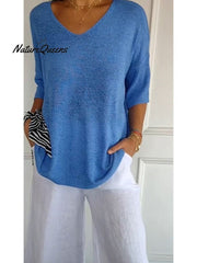 Women's Solid Color Knitted 3/4 Sleeve V-neck Top