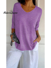 Women's Solid Color Knitted 3/4 Sleeve V-neck Top