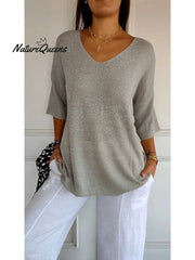 Women's Solid Color Knitted 3/4 Sleeve V-neck Top