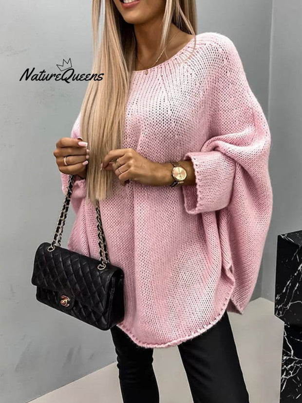 Women's Solid Color Batwing Sleeve Round Neck Knit Sweater