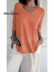 Women's Solid Color Knitted 3/4 Sleeve V-neck Top