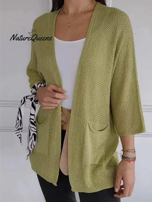 Women's Waffle Grid Texture Nine Quarter Sleeve Casual Cardigan Jacket