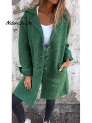 Women's Solid Color Lapel Cardigan with Pockets Single Breasted Mid-Length Jacket