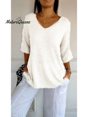 Women's Solid Color Knitted 3/4 Sleeve V-neck Top