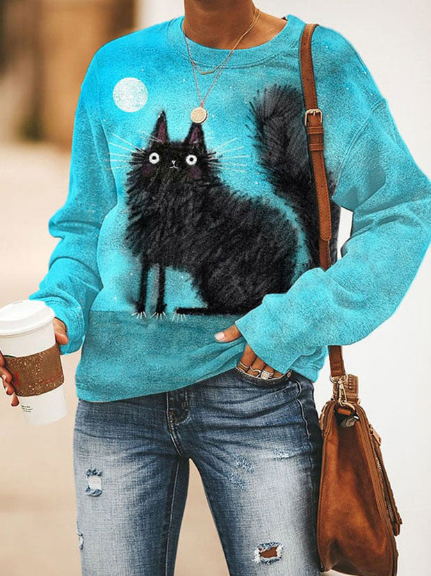 Black Cat Print Round Neck Long Sleeve Sweatshirt