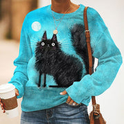 Black Cat Print Round Neck Long Sleeve Sweatshirt