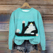 Cat Print Round Neck Long Sleeve Sweatshirt