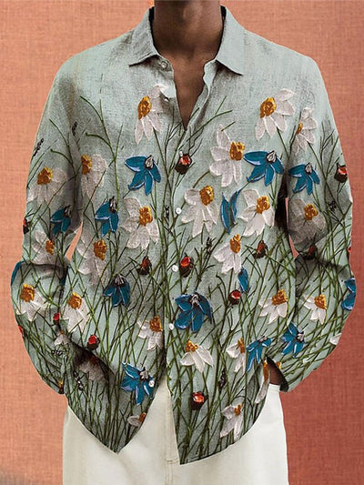 Spring Flower Oil Painting Printed Lapel Button Down Casual Long Sleeved Shirt