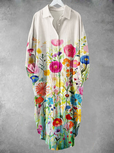 Colorful Spring Flowers Printed V-Neck Lapel Button Loose Long Sleeve Shirt