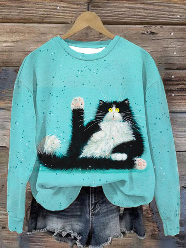 Cat Print Round Neck Long Sleeve Sweatshirt