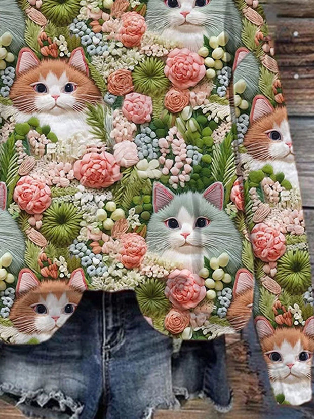 Cat Garden Flower Simulated Embroidery Art Print Casual  Sweatshirt