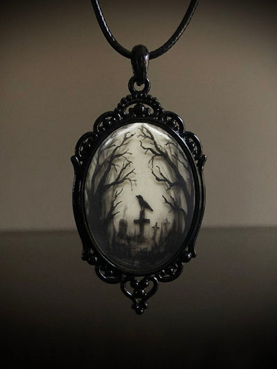 Gothic Crow Cross Glass Pendant Necklace